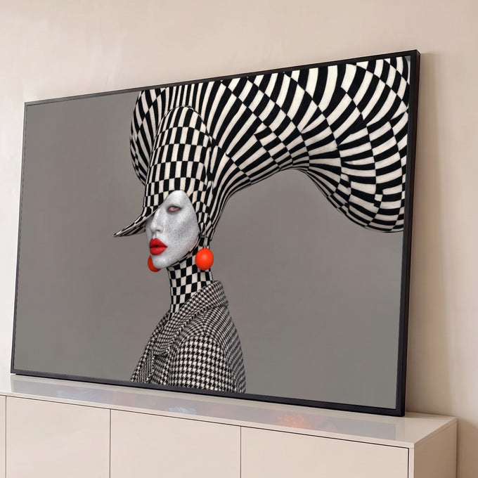 Mulher com chapéu xadrez escultural, lábios vermelhos e brincos laranja em fundo cinza, quadro decorativo