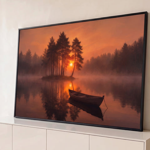 Pôr do sol laranja sobre lago com névoa, ilha de pinheiros e barco de madeira refletido, quadro decorativo