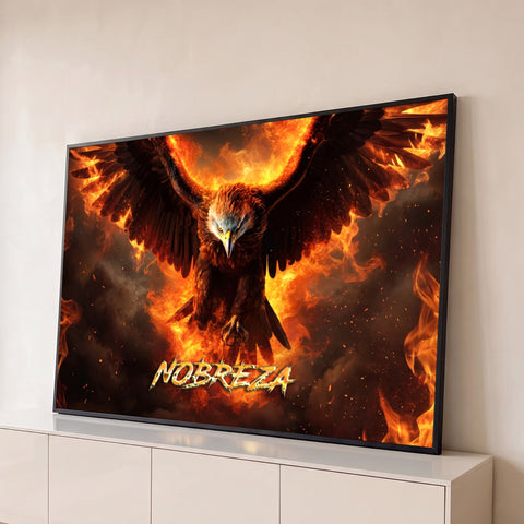 Águia de asas abertas envolta em fogo laranja com a palavra Nobreza em letras flamejantes, quadro decorativo