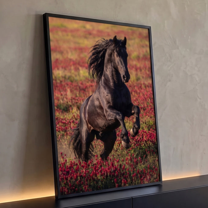 Quadro Decorativo Cavalo Negro em Campo de Flores Vermelhas | quadros decorativos para sala | cavalo preto empinado em campo de flores vermelhas com crina ao vento | Porao dos Quadros