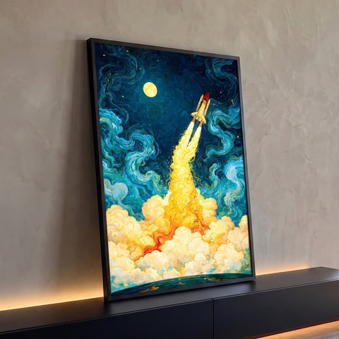 Ônibus espacial decolando entre nuvens douradas sob noite estrelada azul com lua cheia, quadro decorativo