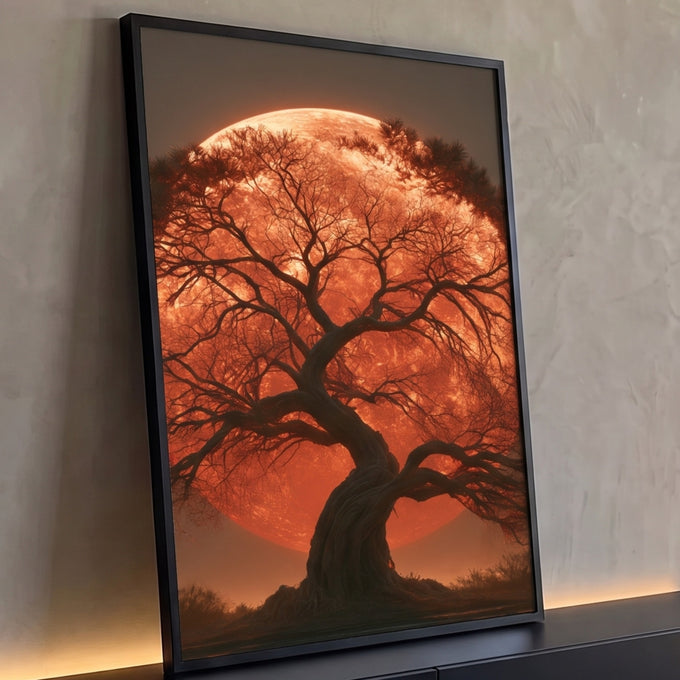 Quadro Decorativo Árvore Seca Silhueta com Lua Vermelha | quadros decorativos para sala | árvore retorcida em silhueta preta contra lua gigante laranja avermelhada | Porao dos Quadros