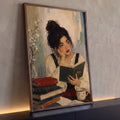 Quadro Decorativo Grande Mulher Lendo Livro para Sala Bege | quadros decorativos para sala | mulher de cabelo preso lendo livro cercada de livros e flores em estilo impressionista | Porao dos Quadros