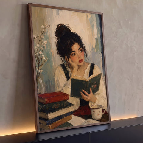 Mulher de coque lendo livro verde ao lado de pilha de livros e xícara floral em pintura a óleo, quadro decorativo