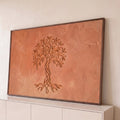 Quadro Decorativo Grande Árvore da Relevo para Sala Dourado | quadros decorativos para sala | árvore da vida dourada em relevo sobre fundo terracota texturizado | Porao dos Quadros