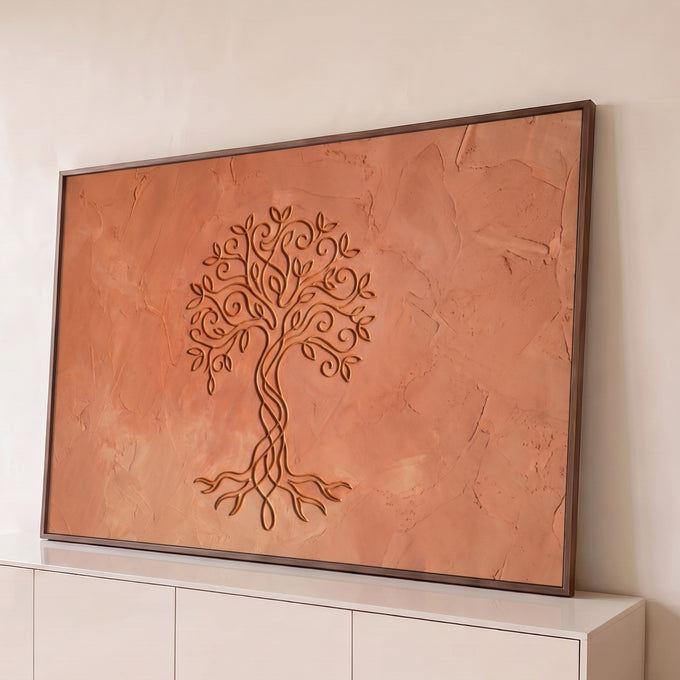 Quadro Decorativo Grande Árvore da Relevo para Sala Dourado | quadros decorativos para sala | árvore da vida dourada em relevo sobre fundo terracota texturizado | Porao dos Quadros
