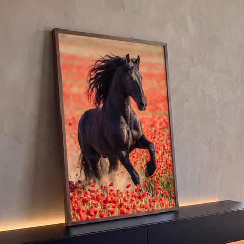 Cavalo frísio preto galopando com crina ao vento em campo de papoulas vermelhas, quadro decorativo