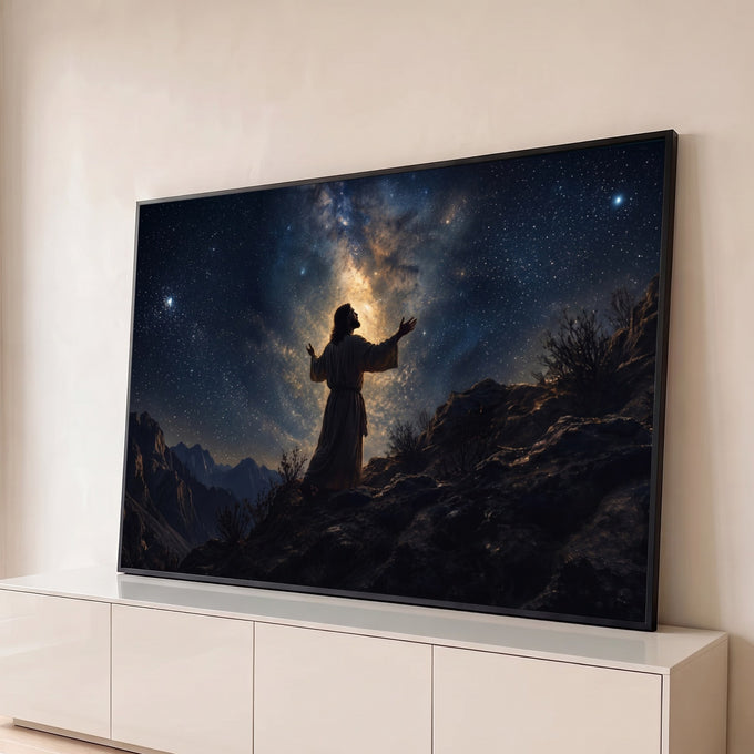 Jesus de braços erguidos orando no alto da montanha sob a Via Láctea e o céu estrelado, quadro decorativo