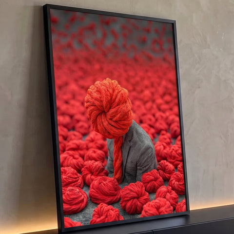 Homem de blazer cinza com cabeça de novelo vermelho entre dezenas de novelos de lã, quadro decorativo