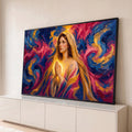 Quadro Decorativo Grande Nossa Senhora Véu Dourado para Sala | quadros decorativos para sala | mulher em oração com véu dourado, mãos iluminadas, fundo abstrato azul e rosa | Porao dos Quadros