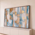Pintura abstrata em faixas azul-turquesa, bege e branco com textura e folha de ouro, quadro decorativo