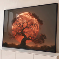 Quadro Decorativo Grande Árvore Lua Cheia para Sala Vermelho - Borda Infinita / 65x100cm