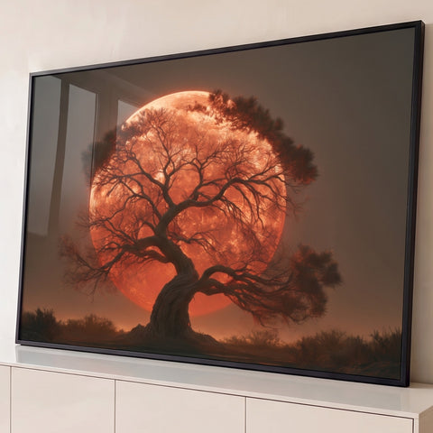 Árvore de galhos retorcidos em silhueta diante de lua cheia vermelha gigante no campo, quadro decorativo