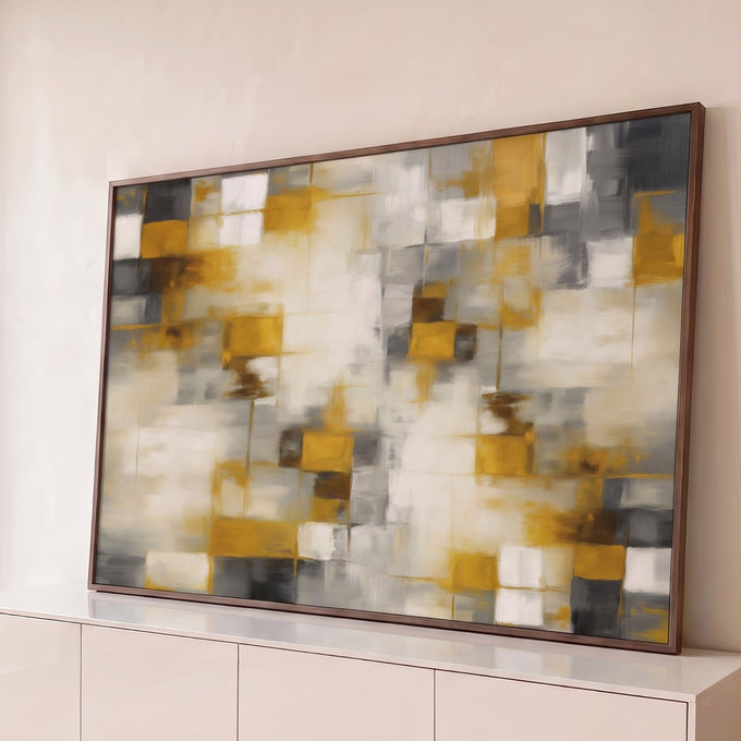 Quadro Decorativo Grande Mosaico Abstrato para Sala Dourado | quadros decorativos para sala | mosaico abstrato com blocos dourados, cinza e brancos em textura pintada | Porao dos Quadros