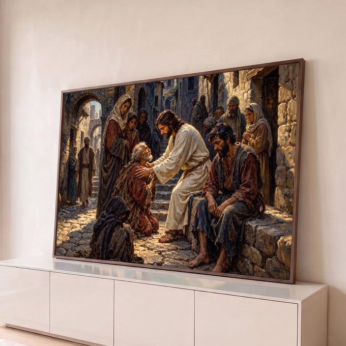 Jesus de túnica branca toca o ombro de um ancião ajoelhado em vila de pedra, pintura a óleo, quadro decorativo