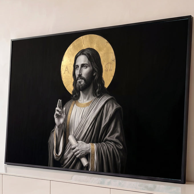 Jesus Cristo abençoando com pergaminho, auréola dourada Alfa e Ômega sobre fundo preto, quadro decorativo