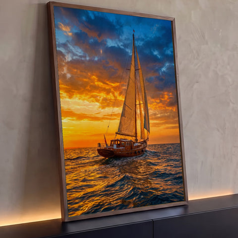 Quadro Decorativo Grande Veleiro Pôr do Sol para Sala | quadros decorativos para sala | veleiro de madeira com velas brancas navegando sob céu laranja e azul ao pôr do sol | Porao dos Quadros