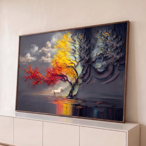 Árvore com folhas vermelhas, amarelas e cinza, cavalo branco e reflexo na água em óleo, quadro decorativo