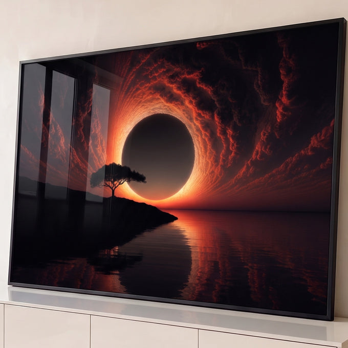 Quadro Decorativo Grande Eclipse Solar para Sala Laranja | quadros decorativos para sala | eclipse solar com nuvens de fogo e árvore solitária refletida no lago | Porao dos Quadros
