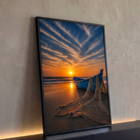Barco azul de pesca com rede na areia da praia sob céu com nuvens e pôr do sol laranja, quadro decorativo
