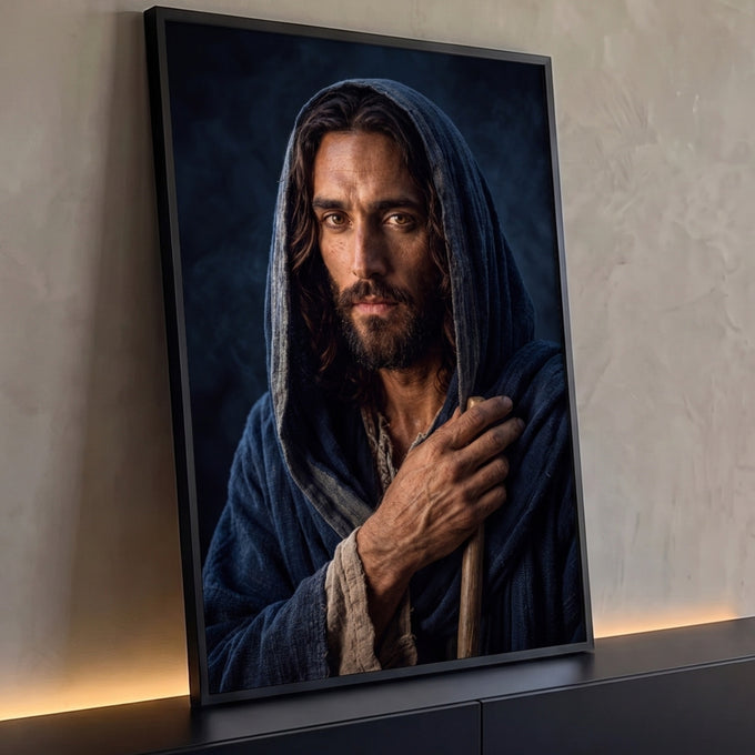 Quadro Decorativo Grande Homem de Manto para Sala Azul | quadros decorativos para sala | homem de manto azul escuro com capuz segurando cajado de madeira, luz dramática no rosto | Porao dos Quadros