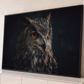 Coruja-real em close-up com olhos laranja intensos e penas marrons sobre fundo escuro, quadro decorativo