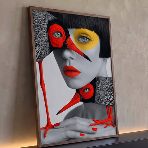 Rosto de mulher em cinza com aves de bico vermelho, olho amarelo e lábios vermelhos, quadro decorativo