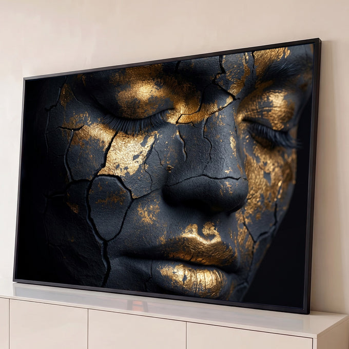 Rosto feminino de olhos fechados com pele preta rachada e detalhes em folha de ouro, quadro decorativo