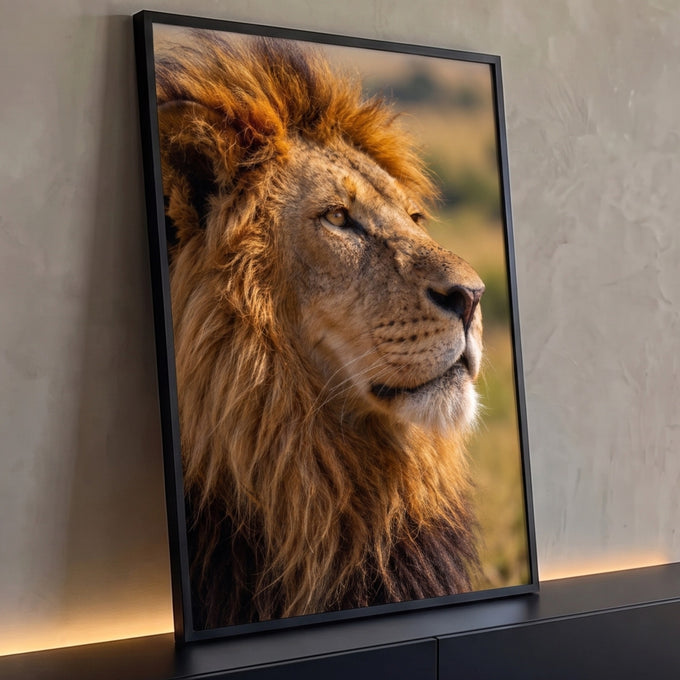 Leão de perfil em close com juba iluminada pela luz do sol na savana africana, quadro decorativo