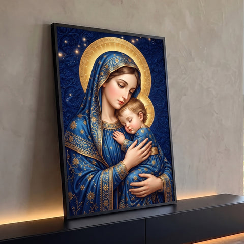 Nossa Senhora de manto azul e auréola dourada com Menino Jesus dormindo no colo, quadro decorativo