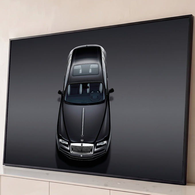 Quadro Decorativo Grande Carro de Luxo para Sala Preto | quadros decorativos para sala | carro preto de luxo fotografado de cima em fundo cinza degradê | Porao dos Quadros