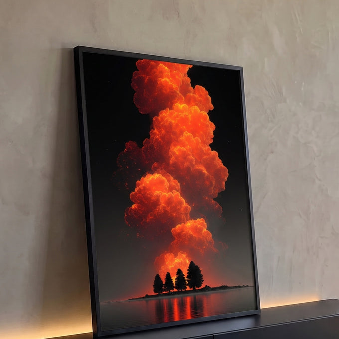 Nuvem de fogo laranja sobre ilha com pinheiros em silhueta, refletida em lago noturno, quadro decorativo