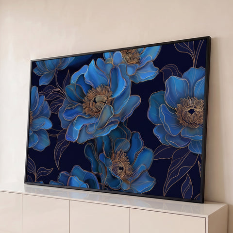 Peônias azuis com contornos e miolos dourados sobre fundo azul-marinho escuro, quadro decorativo