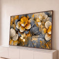 Quadro Decorativo Flores em Dourado e Cinza com Textura | quadros decorativos para sala | flores estilizadas em dourado, cinza e bege sobre fundo texturizado com respingos | Porao dos Quadros