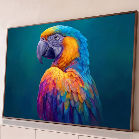 Arara de perfil com penas azuis, laranja e roxas sobre fundo azul petróleo, quadro decorativo