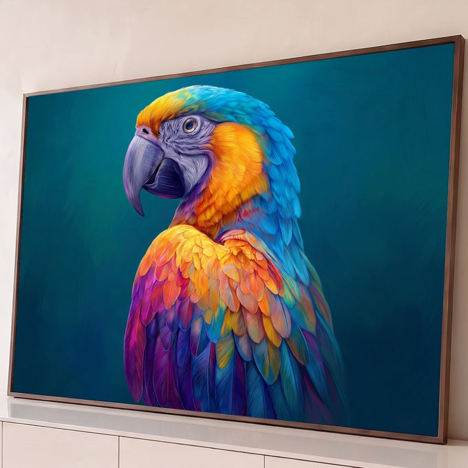 Arara de perfil com penas azuis, laranja e roxas sobre fundo azul petróleo, quadro decorativo