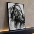 Quadro Decorativo Jesus Cristo em Desenho Realista a Lápis | quadros decorativos para sala | retrato a lápis de Jesus Cristo com manto e capuz olhando para cima | Porao dos Quadros