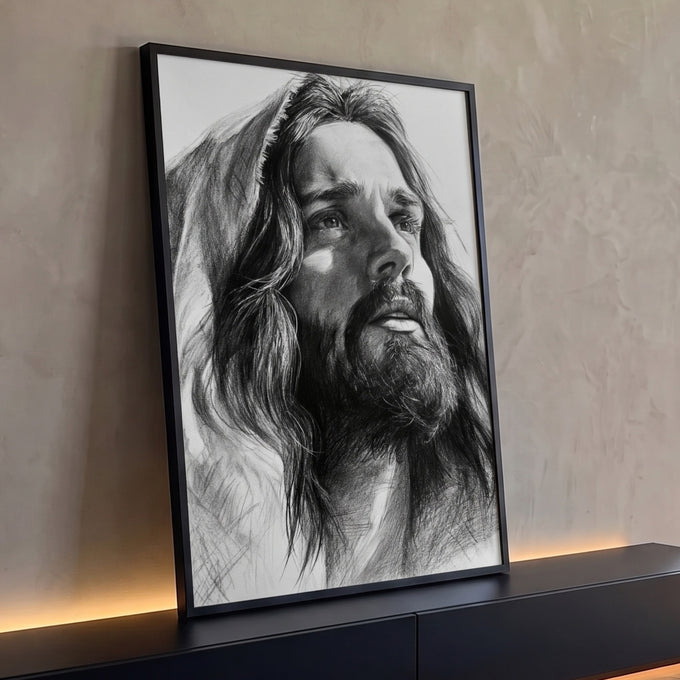 Quadro Decorativo Jesus Cristo em Desenho Realista a Lápis | quadros decorativos para sala | retrato a lápis de Jesus Cristo com manto e capuz olhando para cima | Porao dos Quadros