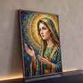 Quadro Decorativo Grande Nossa Senhora Mosaico para Sala | quadros decorativos para sala | Nossa Senhora em mosaico dourado e azul com mãos erguidas em oração | Porao dos Quadros