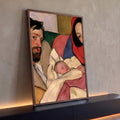 Quadro Decorativo Família com Bebê em Cores Fortes Estilo | quadros decorativos para sala | homem, mulher de véu vermelho e bebê dormindo em pintura de cores fortes | Porao dos Quadros