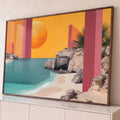 Praia de mar turquesa com falésias, palmeira e sol laranja entre colunas rosa geométricas, quadro decorativo
