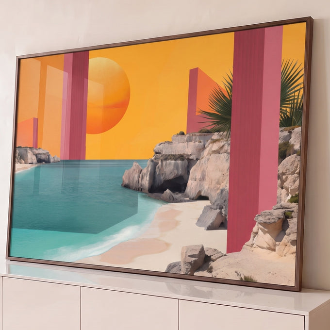 Praia de mar turquesa com falésias, palmeira e sol laranja entre colunas rosa geométricas, quadro decorativo