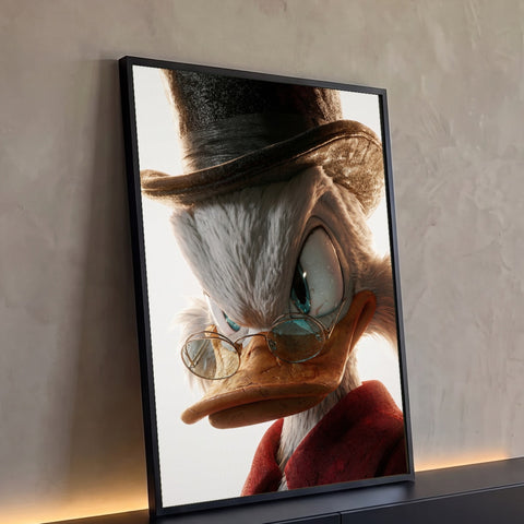 Tio Patinhas hiper-realista de cartola e óculos, olhar desconfiado, fundo claro, quadro decorativo