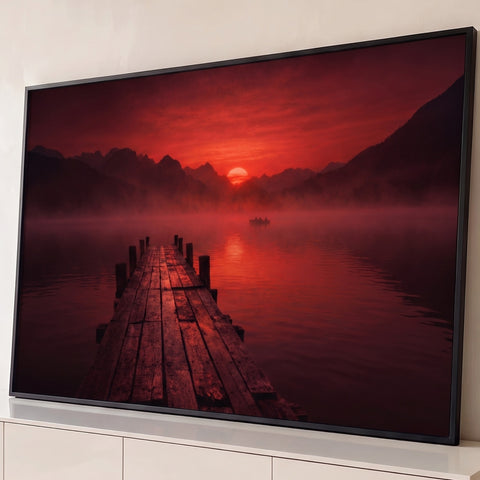 Píer de madeira sobre lago com névoa, barco e sol vermelho se pondo entre montanhas, quadro decorativo