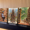 Quadro Decorativo Kit 3 Telas Livros e Leitura para Sala | quadros decorativos para sala | pessoas lendo em meio a livros empilhados e estantes, estilo aquarela em tons terrosos | Porao dos Quadros
