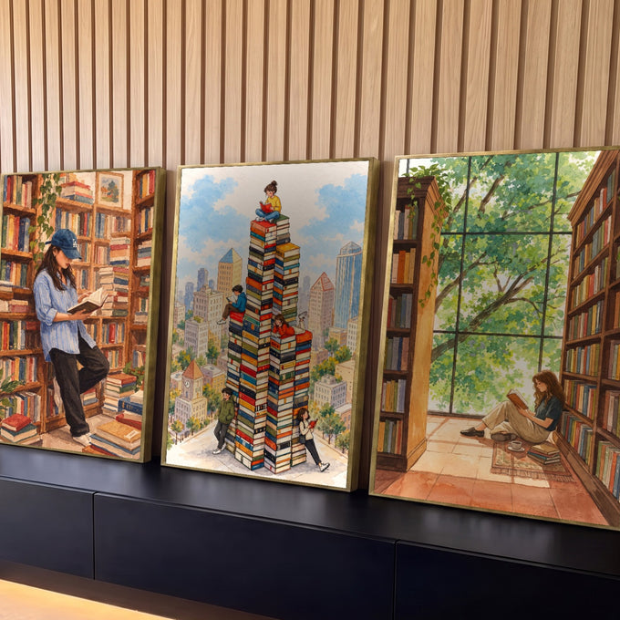 Quadro Decorativo Kit 3 Telas Livros e Leitura para Sala | quadros decorativos para sala | pessoas lendo em meio a livros empilhados e estantes, estilo aquarela em tons terrosos | Porao dos Quadros