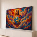 Jesus Cristo segurando o globo terrestre entre nuvens em mosaico laranja, azul e roxo, quadro decorativo