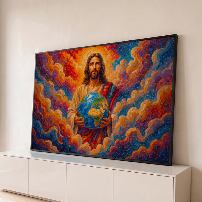 Jesus Cristo segurando o globo terrestre entre nuvens em mosaico laranja, azul e roxo, quadro decorativo
