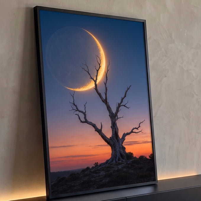 Árvore seca retorcida sob lua crescente dourada em céu azul e laranja do entardecer, quadro decorativo
