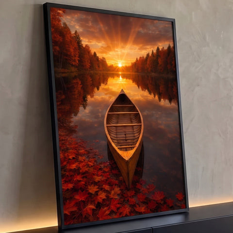 Canoa de madeira em lago calmo com reflexo do pôr do sol e folhas vermelhas de outono, quadro decorativo